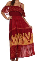 Sakkas Tiva Batik Embroidered Jacquard Off Shoulder Peasant Dress#color_Red/Gold