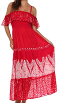 Sakkas Tiva Batik Embroidered Jacquard Off Shoulder Peasant Dress#color_Red/White