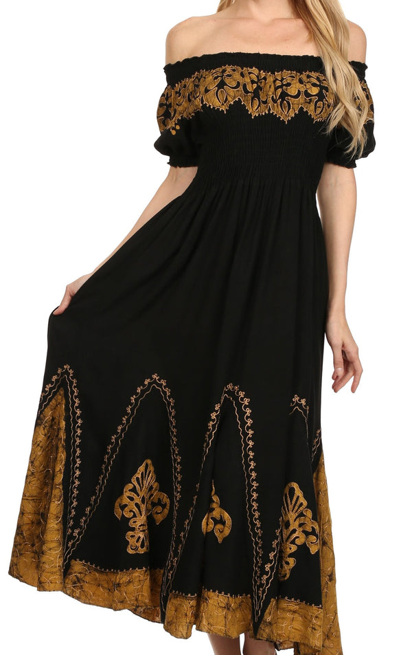 Sakkas Elizabeth Batik Embroidered Peasant Dress#color_Black/Camel