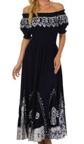 Sakkas Elizabeth Batik Embroidered Peasant Dress#color_Navy/White