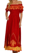 Sakkas Elizabeth Batik Embroidered Peasant Dress#color_Red / Gold