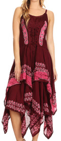 Sakkas Batik Corset Style Bodice Handkerchief Hem Dress#color_Burgundy/Pink