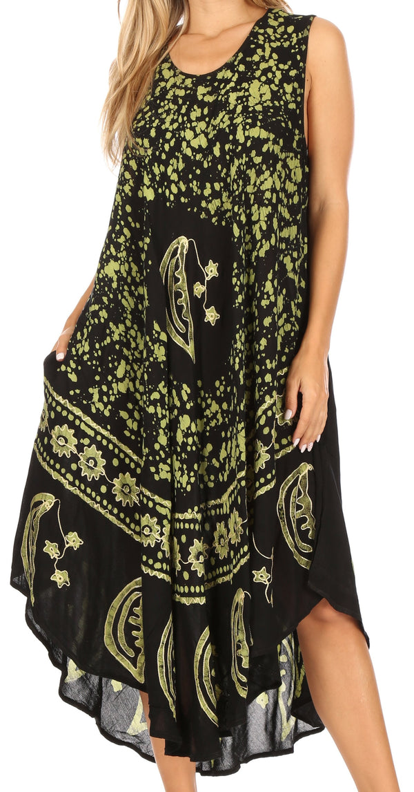 Sakkas Moon and Stars Batik Caftan Tank Dress / Cover Up#color_Black/Green