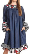 Sakkas Folami Chambray and Ankara Wax Dutch Print Muumuu Dress Relax Fit #color_2288Black/White