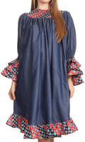 Sakkas Folami Chambray and Ankara Wax Dutch Print Muumuu Dress Relax Fit #color_2293Red/Turquoise-tile
