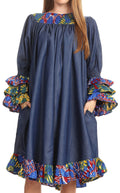 Sakkas Folami Chambray and Ankara Wax Dutch Print Muumuu Dress Relax Fit #color_2294Multi/Tribal
