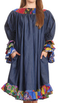 Sakkas Folami Chambray and Ankara Wax Dutch Print Muumuu Dress Relax Fit #color_2295Multi/Tribal