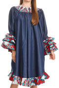 Sakkas Folami Chambray and Ankara Wax Dutch Print Muumuu Dress Relax Fit #color_2296Red/Turquoise-ornate