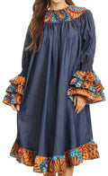 Sakkas Folami Chambray and Ankara Wax Dutch Print Muumuu Dress Relax Fit #color_410-Turquoise/Orange-Tile