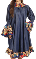 Sakkas Folami Chambray and Ankara Wax Dutch Print Muumuu Dress Relax Fit #color_416-chambray/sand