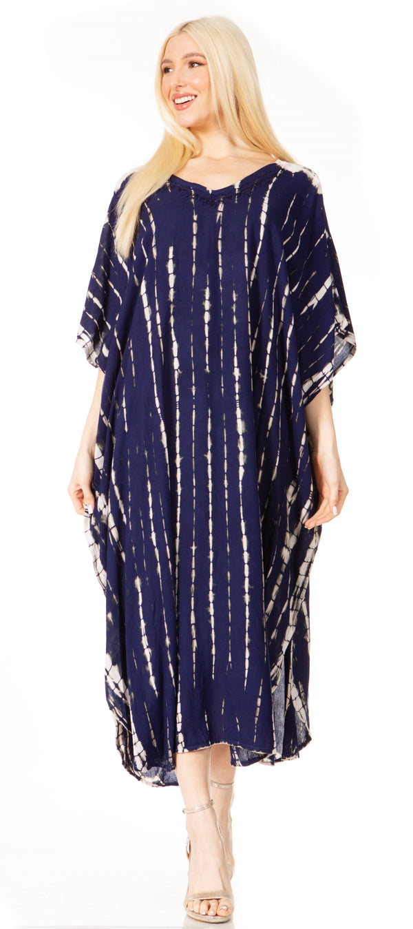 Sakkas Maitte Women's V neck Caftan Dress Cover-up Beach Print Kaftan Long Boho#color_1031-Navy