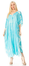 Sakkas Maitte Women's V neck Caftan Dress Cover-up Beach Print Kaftan Long Boho#color_1031-Turquoise