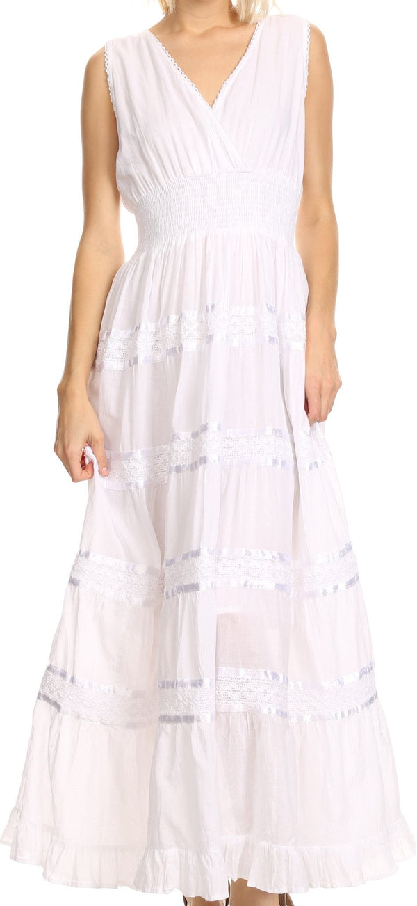 Sakkas Leik Long Crochet Embroidered Paneled Crossover Adjustable Batik Tank Dress#color_White