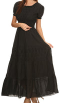 Sakkas Fresne Long Tall Floral Embroidered Scoop Adjustable Short Sleeve Dress#color_Black