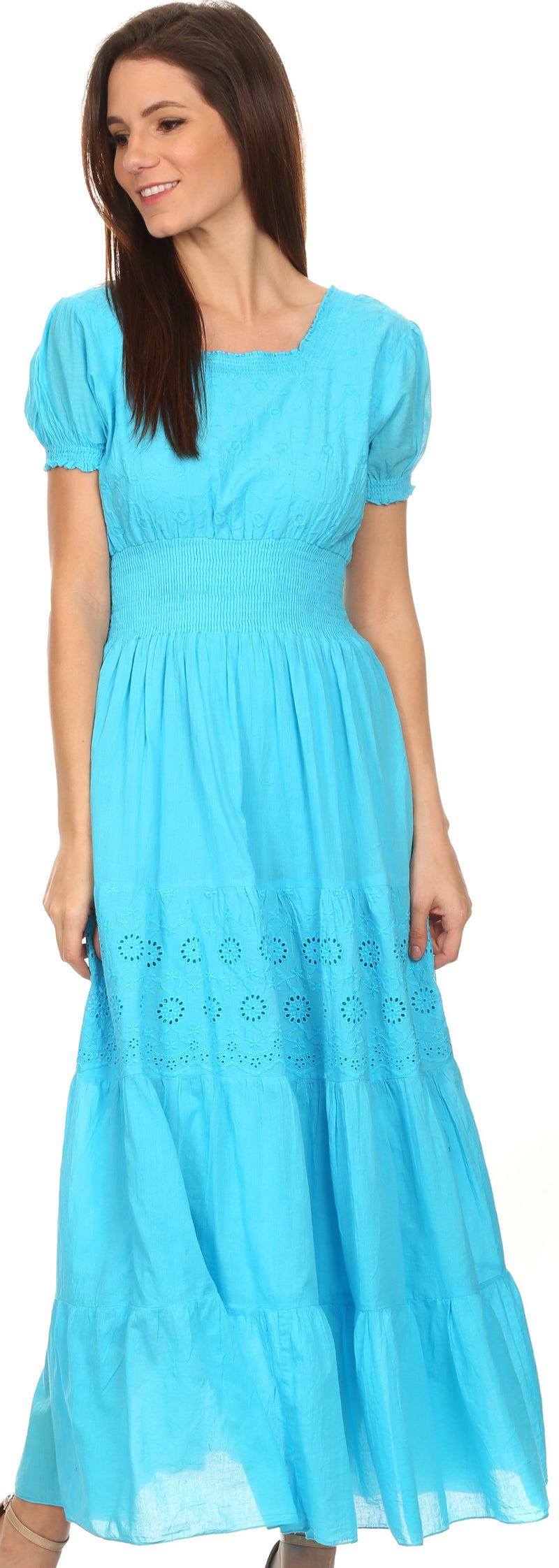 Sakkas Fresne Long Tall Floral Embroidered Scoop Adjustable Short Sleeve Dress