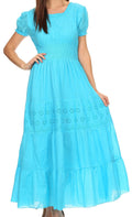 Sakkas Fresne Long Tall Floral Embroidered Scoop Adjustable Short Sleeve Dress#color_Turquoise