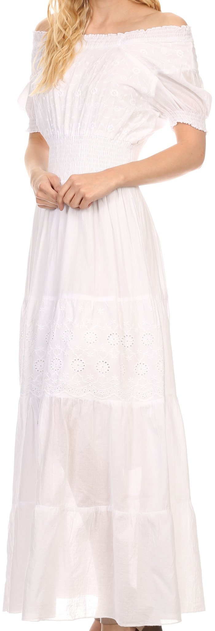 Sakkas Fresne Long Tall Floral Embroidered Scoop Adjustable Short Sleeve Dress