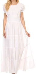 Sakkas Fresne Long Tall Floral Embroidered Scoop Adjustable Short Sleeve Dress#color_White