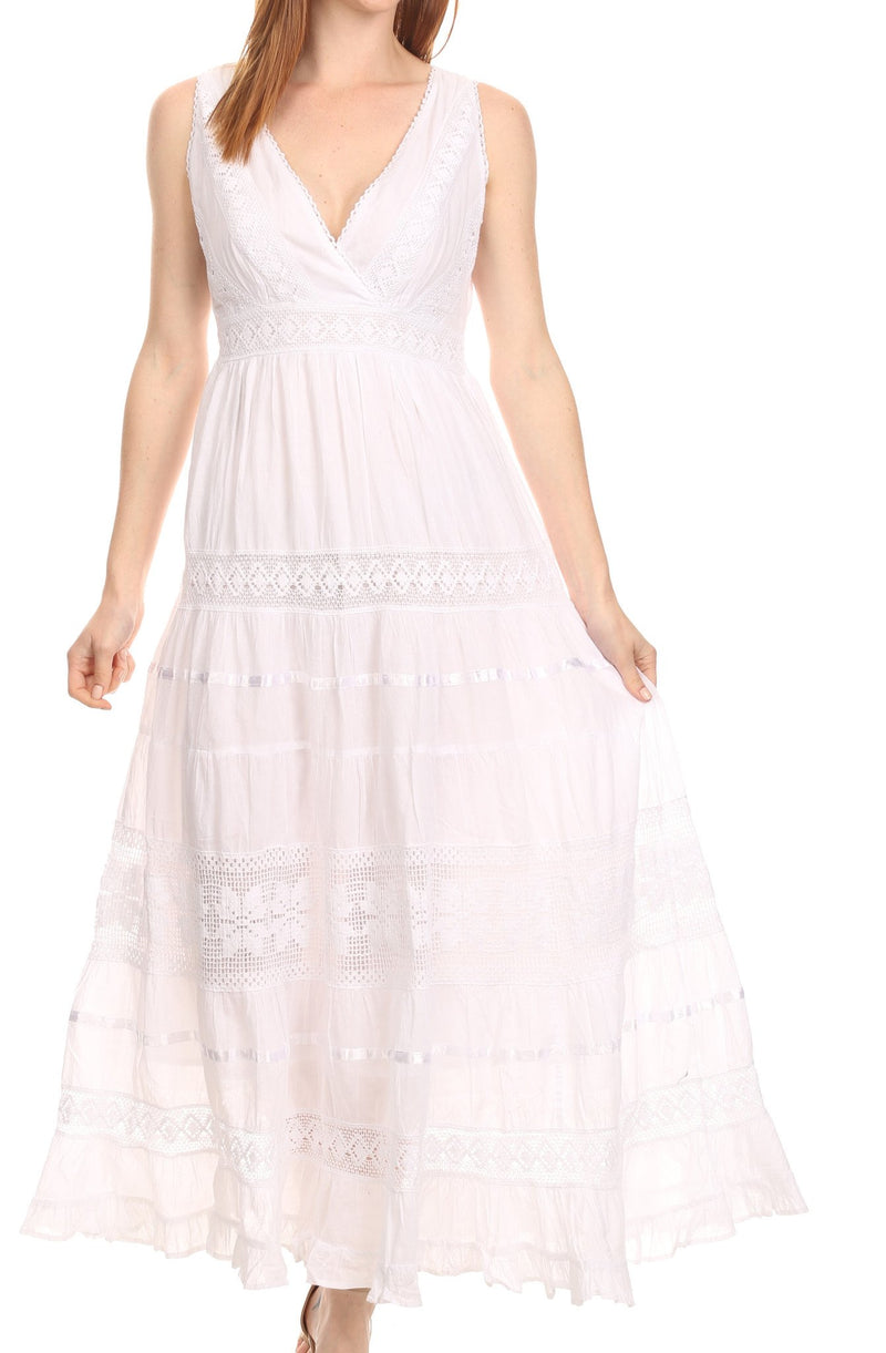 Sakkas Yuki Long Sleeveless Cross Over Lace Embroidered  Summer Day Dress