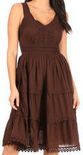 Sakkas Womens Presta Roman Sleeveless Lined Tank Top Dress With Embroidery Lace Design#color_Brown