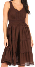 Sakkas Womens Presta Roman Sleeveless Lined Tank Top Dress With Embroidery Lace Design#color_Brown 
