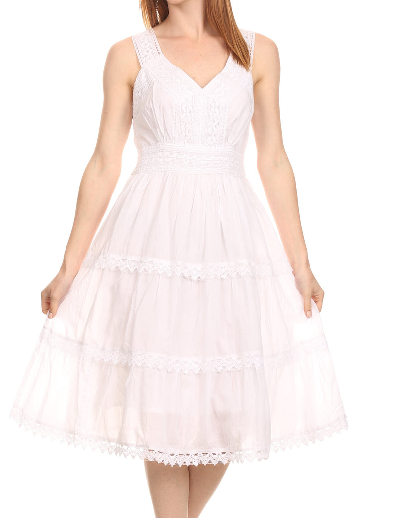 Sakkas Presta Roman Sleeveless Lined Tank Top Dress With Emrboidery Lace Design Medium / White Sakkas Presta Roman Sleeveless Lined Tank Top Dress With Emrboidery Lace Design Medium / White