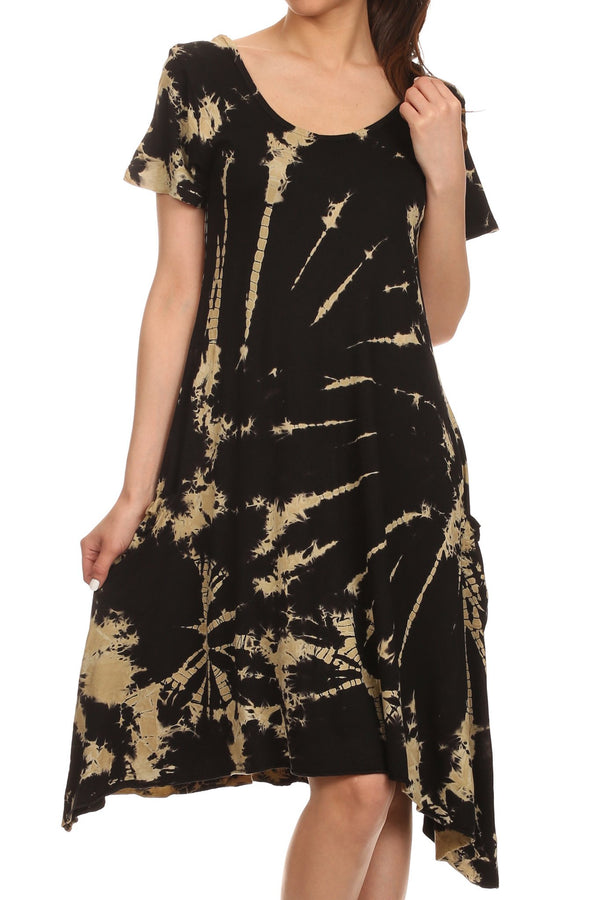 Sakkas  Clair Scoop Neck Cap Sleeve Tie Dye Dress#color_Black