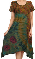 Sakkas  Clair Scoop Neck Cap Sleeve Tie Dye Dress#color_Olive