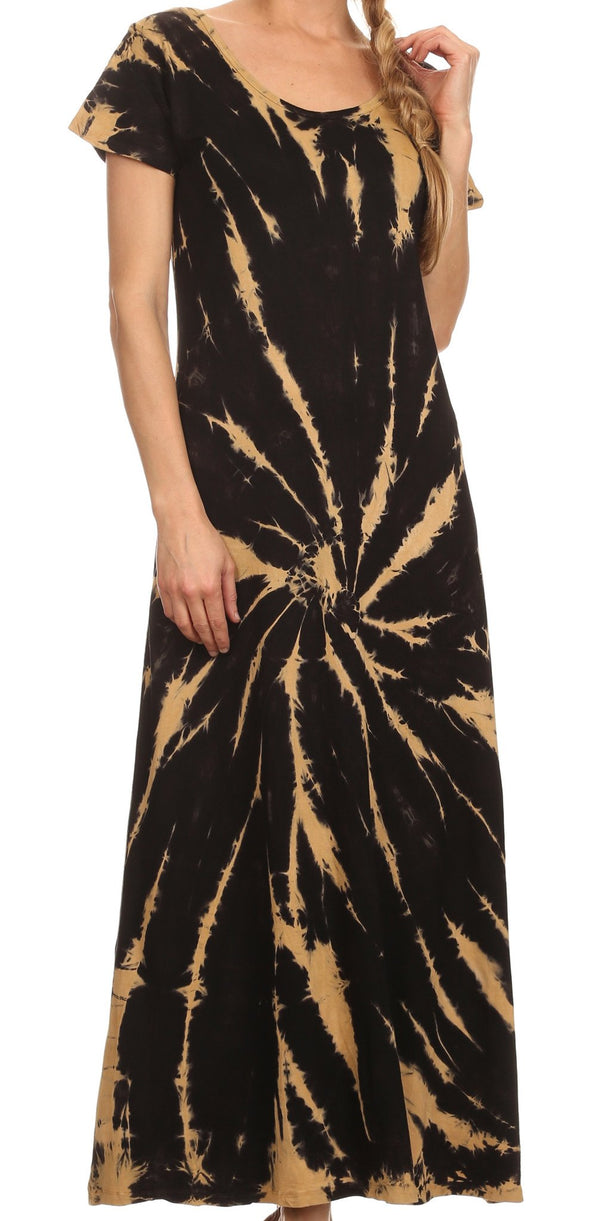 Sakkas Diana Long Tie Dye Scoop Neck Cap Sleeves Dress#color_Black