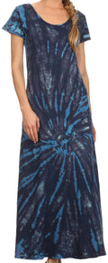 Sakkas Diana Long Tie Dye Scoop Neck Cap Sleeves Dress#color_ Blue Turquoise