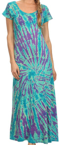 Sakkas Diana Long Tie Dye Scoop Neck Cap Sleeves Dress#color_ Mint / Purple