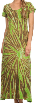 Sakkas Diana Long Tie Dye Scoop Neck Cap Sleeves Dress#color_ Olive Green