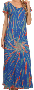 Sakkas Diana Long Tie Dye Scoop Neck Cap Sleeves Dress#color_ Royal Blue