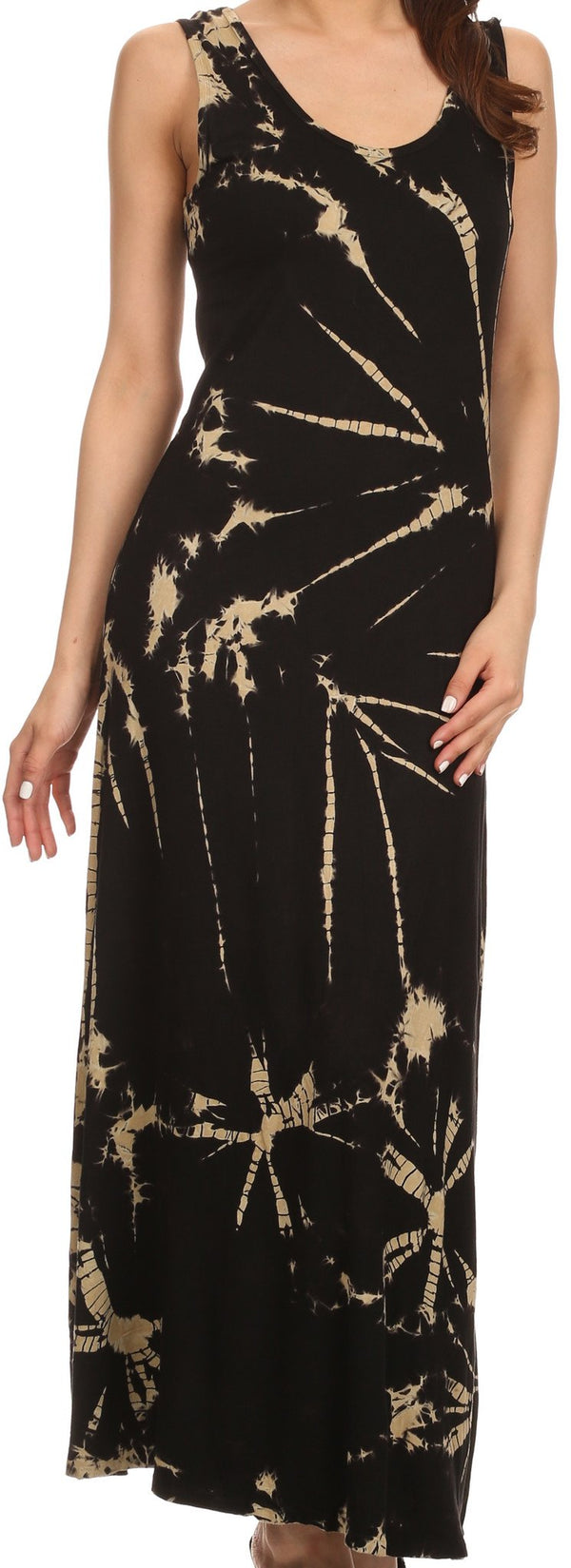 Sakkas Dee  Scoop Neck Tie Dye Sleeveless Long Dress#color_Black
