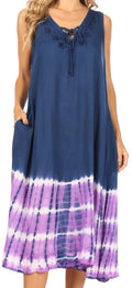 Sakkas Ilaria Women's Midi Sleeveless Casual Loose Flare Print Dress Caftan Pocket#color_TD42-802-BluePurple