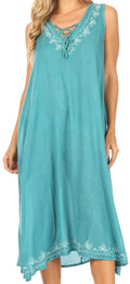 Sakkas Ilaria Women's Midi Sleeveless Casual Loose Flare Print Dress Caftan Pocket#color_TD42-803-Aqua