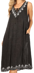 Sakkas Ilaria Women's Midi Sleeveless Casual Loose Flare Print Dress Caftan Pocket#color_TD42-803-Black