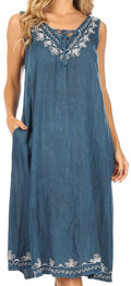Sakkas Ilaria Women's Midi Sleeveless Casual Loose Flare Print Dress Caftan Pocket#color_TD42-803-Navy