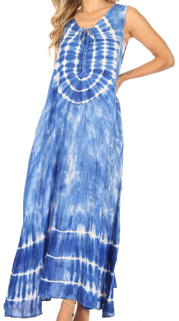 Sakkas Leonor Women's Maxi Sleeveless Tank Long Print Dress with Pockets and Ties#color_TD52-811-Blue