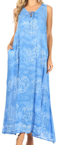 Sakkas Leonor Women's Maxi Sleeveless Tank Long Print Dress with Pockets and Ties#color_TD52-812-Blue