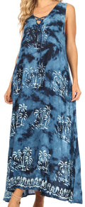 Sakkas Leonor Women's Maxi Sleeveless Tank Long Print Dress with Pockets and Ties#color_TD52-812-Navy