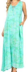 Sakkas Leonor Women's Maxi Sleeveless Tank Long Print Dress with Pockets and Ties#color_TD52-812-SeaGreen