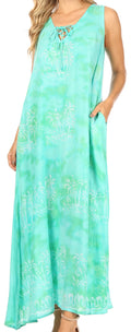 Sakkas Leonor Women's Maxi Sleeveless Tank Long Print Dress with Pockets and Ties#color_TD52-812-Seagreen
