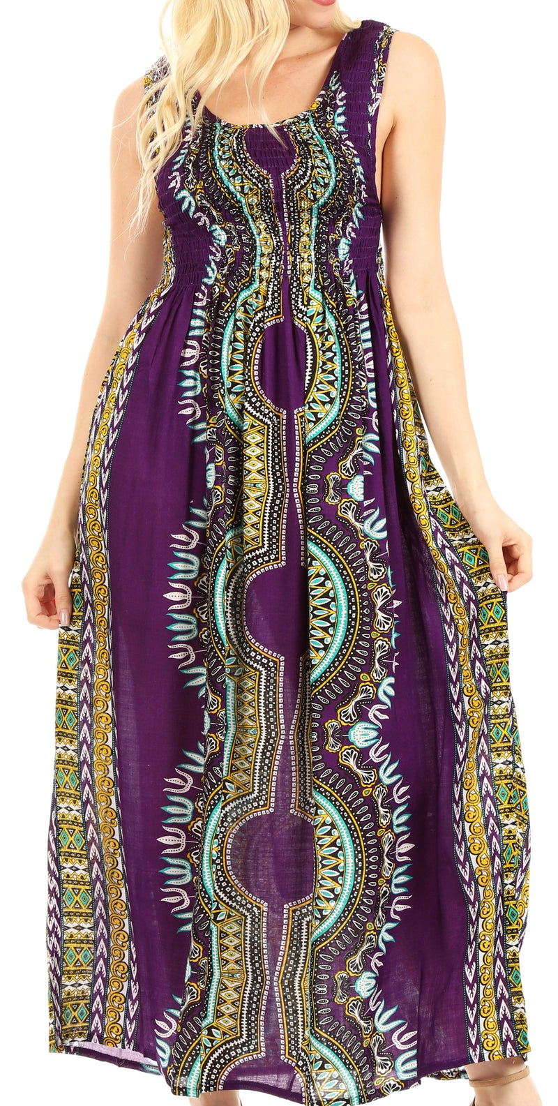 Sakkas Linza Women's Sleeveless Casual Maxi Dashiki African Print Dress Long Nice