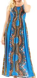 Sakkas Linza Women's Sleeveless Casual Maxi Dashiki African Print Dress Long Nice#color_Turquoise
