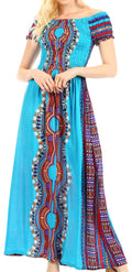Sakkas Siona Women's Long Maxi Casual Off Shoulder Dashiki African Dress Elastic#color_Turquoise