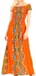 Sakkas Siona Women's Long Maxi Casual Off Shoulder Dashiki African Dress Elastic#color_Orange
