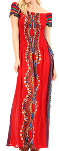 Sakkas Siona Women's Long Maxi Casual Off Shoulder Dashiki African Dress Elastic#color_Red