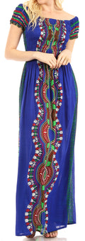 Sakkas Siona Women's Long Maxi Casual Off Shoulder Dashiki African Dress Elastic#color_RoyalBlue