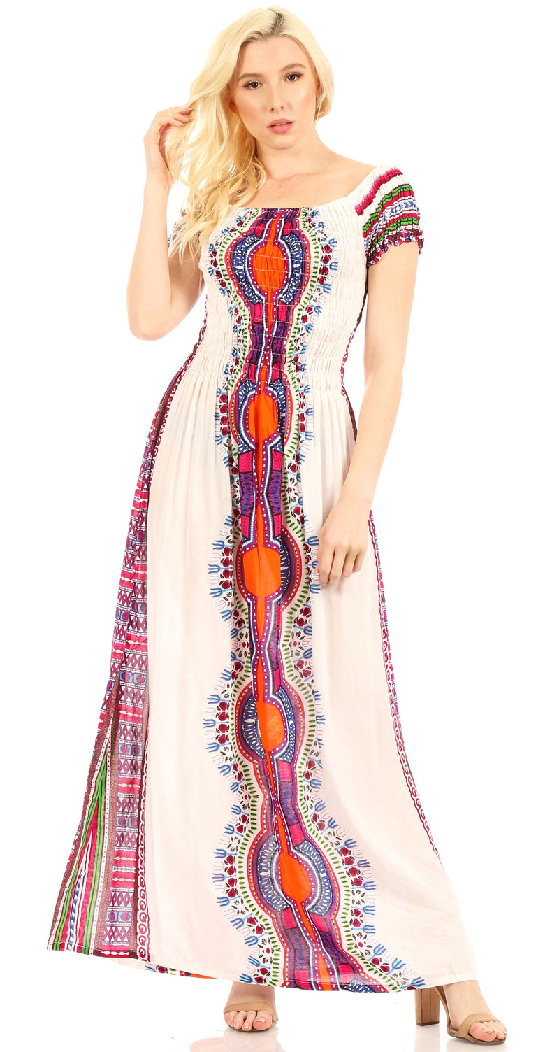 Sakkas Siona Women's Long Maxi Casual Off Shoulder Dashiki African Dress Elastic